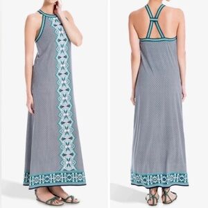 Max Studio Dark Blue Green White Floral Halter Maxi Dress Casual Large